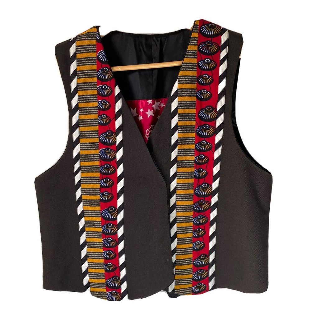 Marie Studer Designs Art Deco lined vest red flowers stripes satin lined USA M